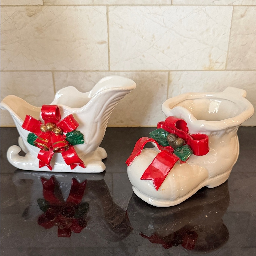 Festive Ceramic Sleigh and Boot Set with Red Bows